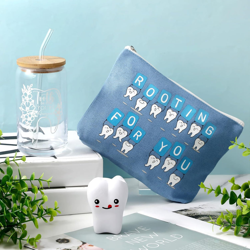 Sliner 3 Pcs Dental Nurse Gifts Dental Hygienist Gift 16 oz Glass Cups Makeup Bag Teeth Stress Toy for Women Coworkers Nurse Assistant Retirement Graduation Birthday Christmas Dentist Gift(Blue)