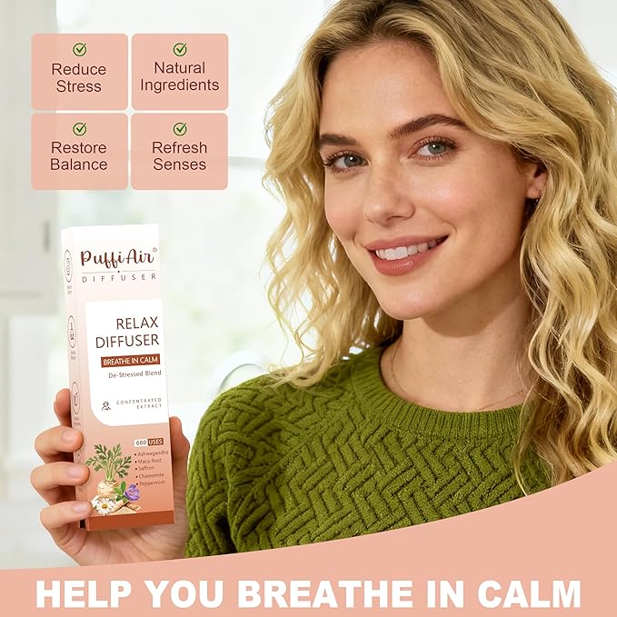 Relax Herbal Diffuser for Breathing in Calm丨De-Stress Blend with Ashwagandha, Maca Root, Saffron, Chamomile and Peppermint - Natural Ingredients, 600 Uses
