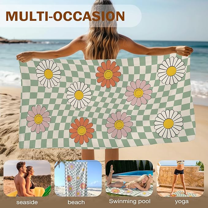 Sage Green Checkered Daisy Floral Beach Towel, Checkered Daisy Pool Towels, Groovy Flower Preppy Large Beach Bath Travel Towels for Swimming Camping, Sage Green Groovy Bathroom Decor, 30x60in