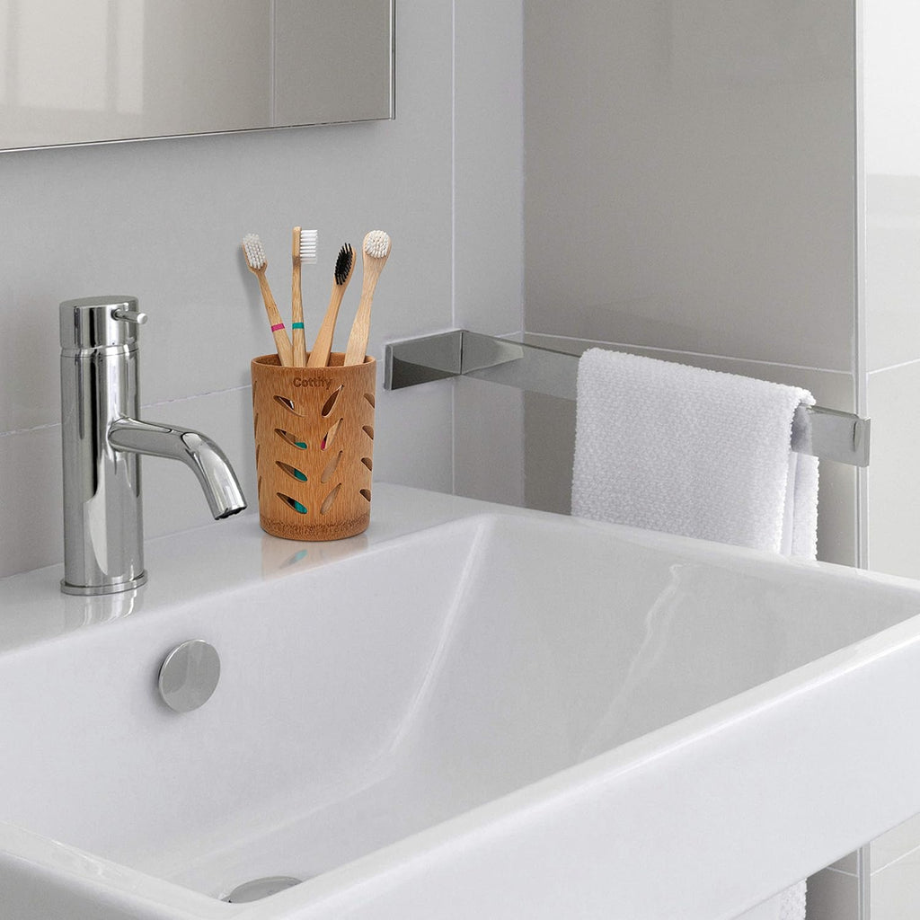 Eco-Friendly Bamboo Toothbrush Holder with Drainage – Quick Drying Single-Piece Design – Toothbrush Holders for Bathrooms – Wooden Toothbrush Holder Resilient in Humid Conditions - Matte Leaves