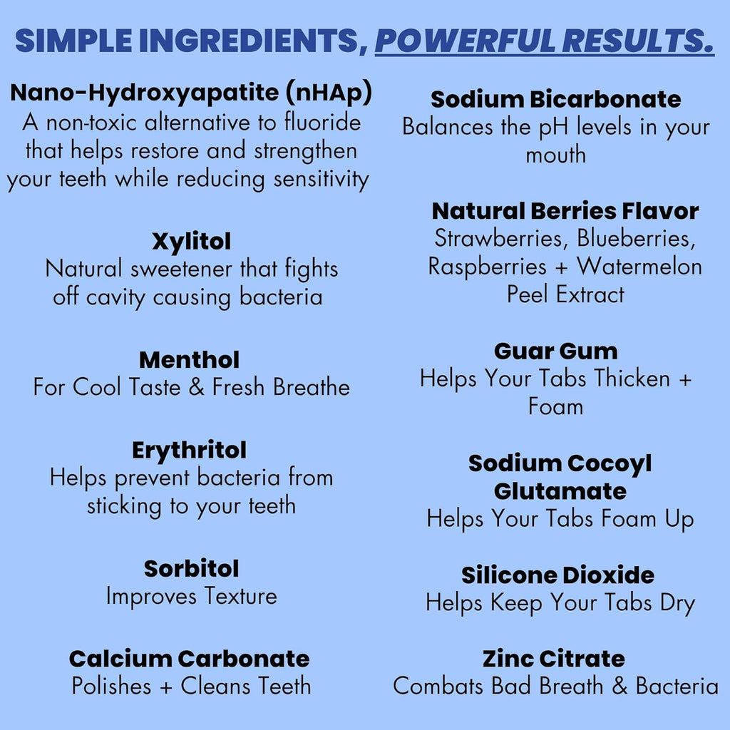 Vital Toothpaste Tabs with Nano-Hydroxyapatite | Berry Blast | Remineralizes Teeth | Kids Love It! | Fluoride Free | Plastic Free & Eco Friendly | Travel & TSA Approved | 62 Tablets (1 Month)