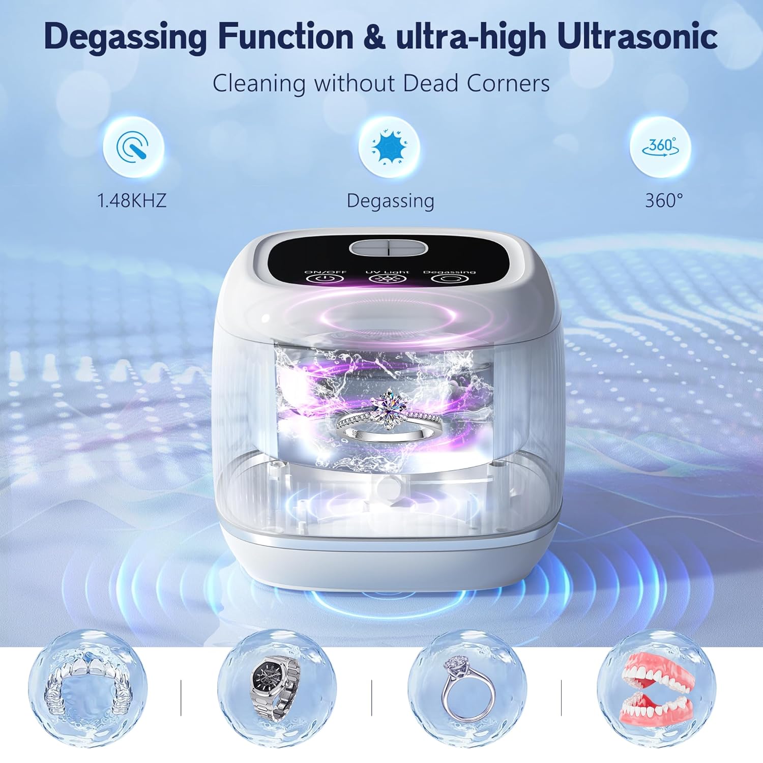 2025 upgraded 3-in-1 version Ultrasonic Retainer Cleaner Machine, degassing technology+ultrasonic+UV, with a 5-fold increase in cleaning efficiency for Dentures, Mouth Guards, Braces, Jewelry