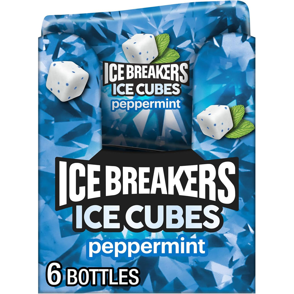 ICE BREAKERS Ice Cubes Peppermint Flavored Sugar Free Chewing Gum Bottles, 3.24 oz (6 Count, 40 Pieces)