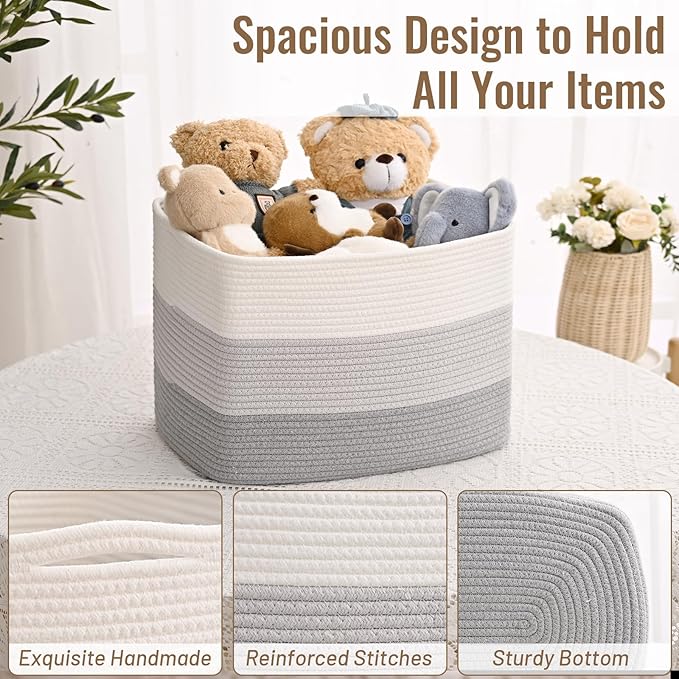 3 Pack Cube Storage Bin, 17”x12”x12” Cotton Rope Woven Baskets for Organizing Toys Clothes Towels, Square Gift Storage Baskets for Shelf, Nursery, Closet, Bathroom, Pantry (3-Tone Gray)