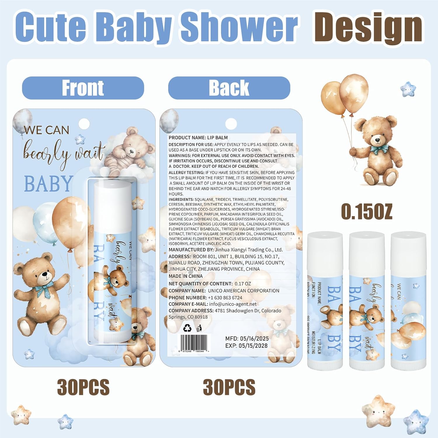 30 Pack Blue Bear Baby Shower Games Prizes Gifts Bulk Bear Lip Balms Favors for Winners Boys Girls Gender Reveal Favors Decorations Halloween Thanksgiving Baby Shower Souvenirs Gift Bags Stuffer