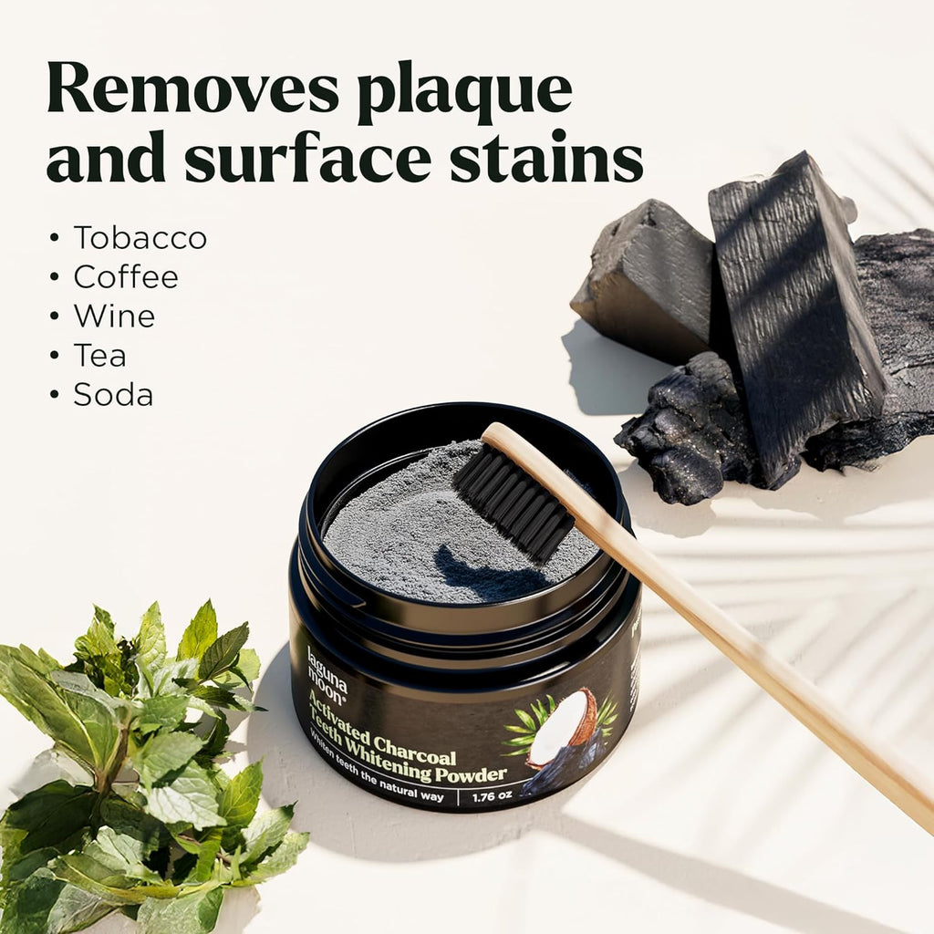 Lagunamoon Activated Charcoal Teeth Whitening Powder - 50g Natural Coconut Charcoal, Effective Teeth Stain Remover and Toothpaste Alternative - Safe for Gums Or Enamel