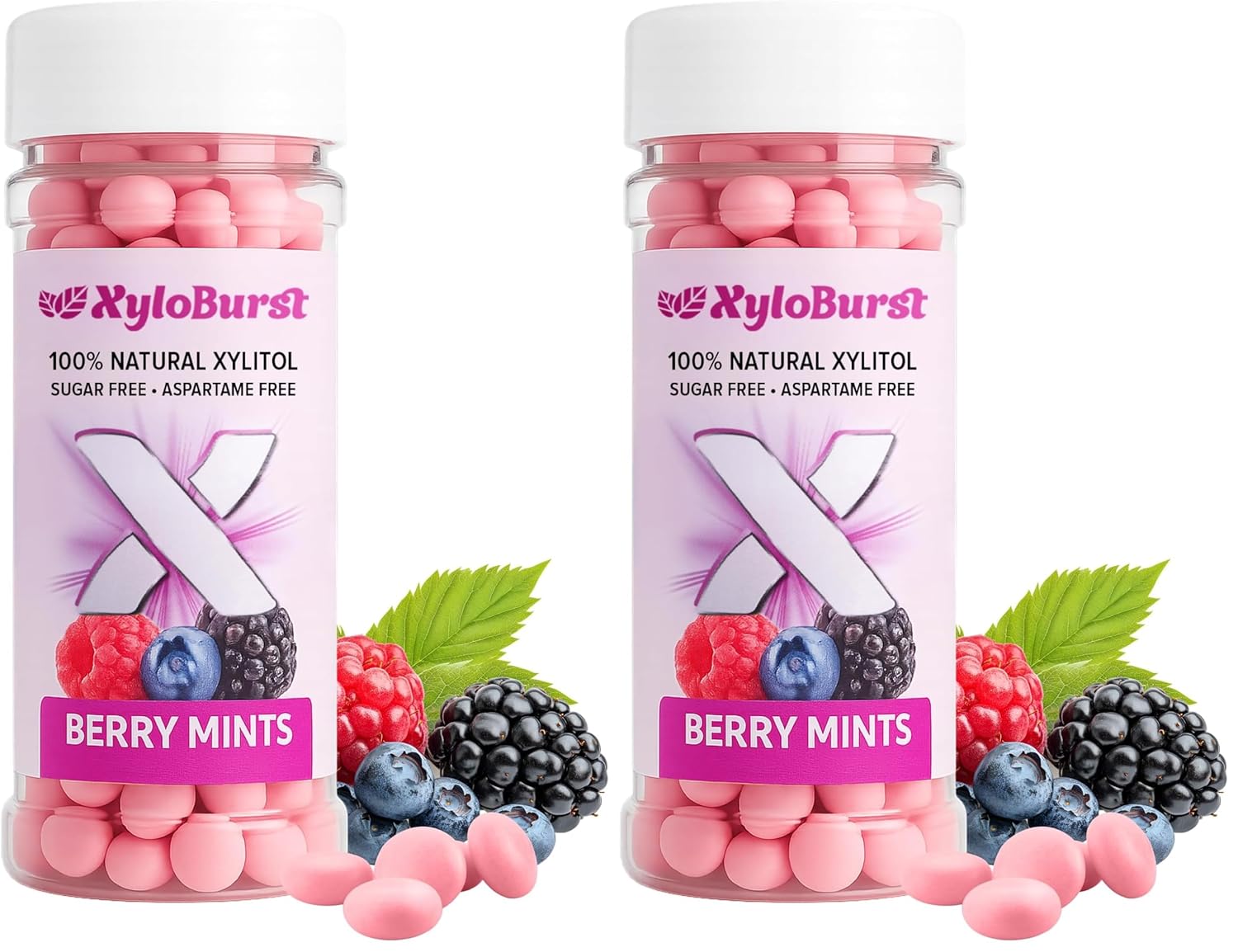 XyloBurst Mints Sugar Free Mint candies with Xylitol, Aspartame Free, Gluten Free, Vegan & Keto Friendly 200 Count Jar (1 Bottle Pack, Berry) (Pack of 2)
