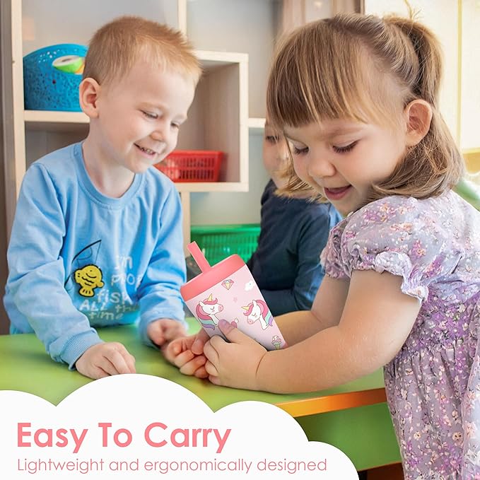 Kid Insulated Stainless Steel Tumbler with Silicone Straw, 12oz Sippy Cup for Kids (Dreamy Unicorn)