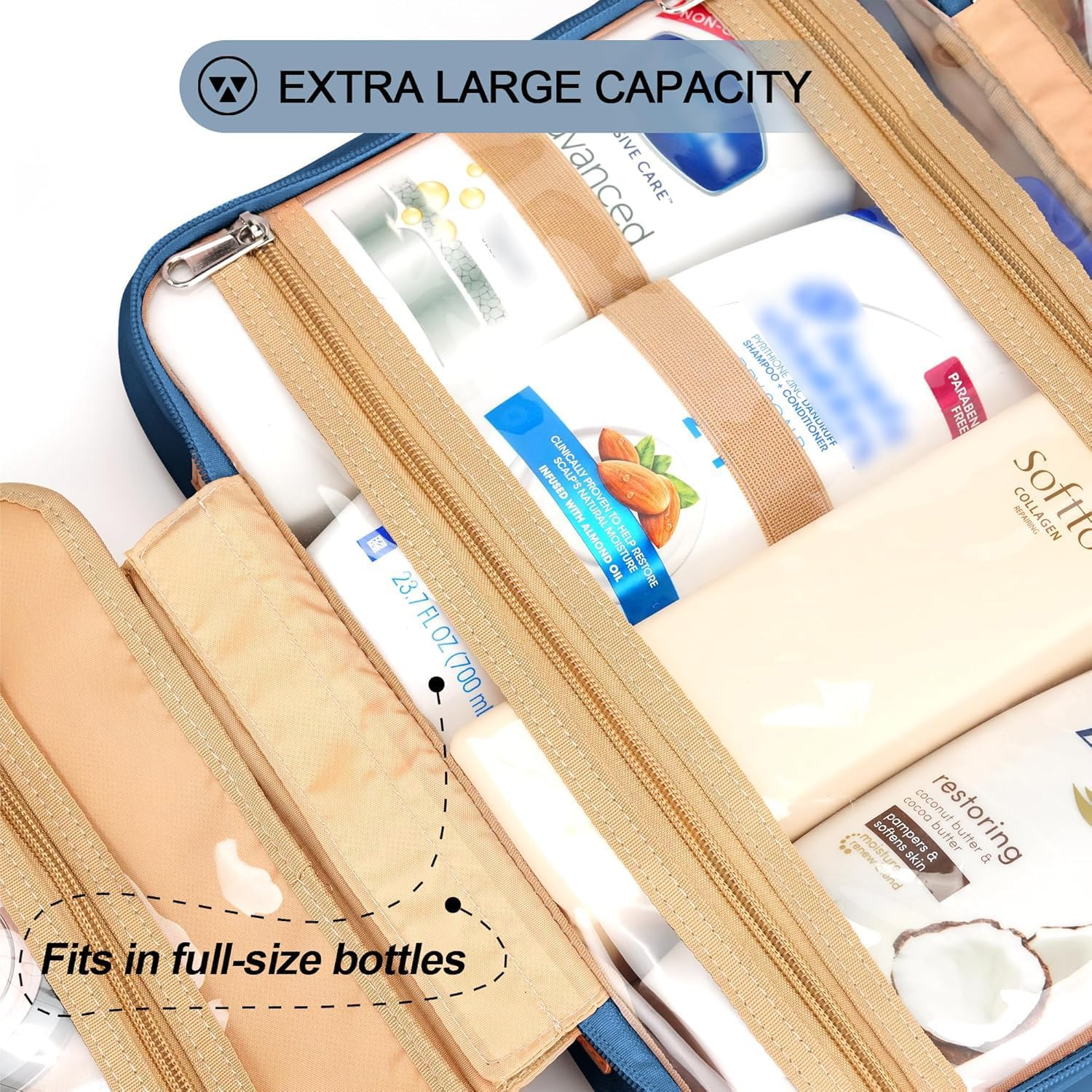 Travel Hanging Toiletry Bag for Women, Extra Large Makeup Bag, Holds Full-Size Shampoo, with Jewelry Organizer Compartment, Waterproof Cosmetic Bag, Toiletries Kit Set with Trolley Belt, Navy Blue