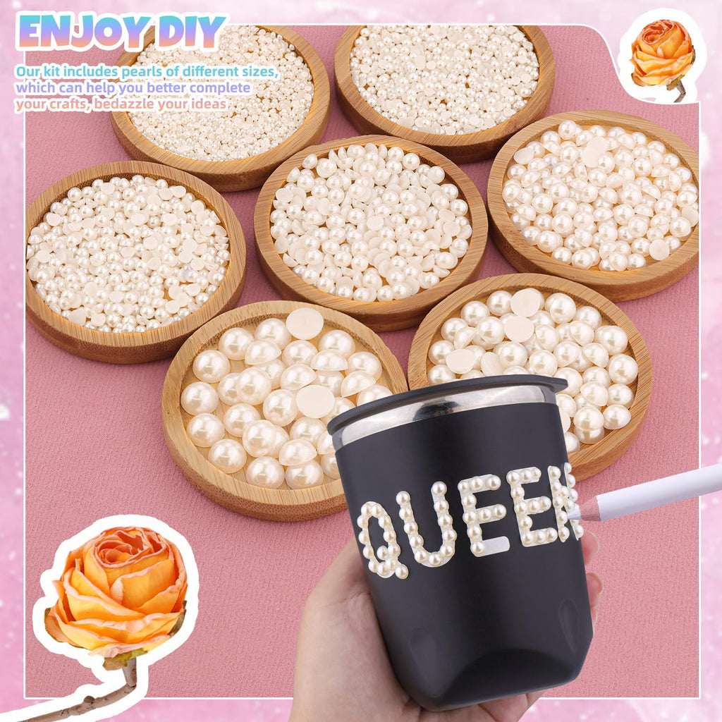 13500Pcs Flatback Pearls for Bedazzling (Beige) with B7000 Jewelry Glue, Assorted Size 2/3/4/5/6/8/10mm Half Pearl, Bedazzling Gems for Crafting Clothing Tumbler Shoes Embellishment Nail Art