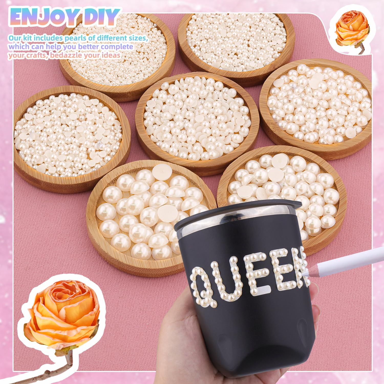 13500Pcs Flatback Pearls for Bedazzling (Beige) with B7000 Jewelry Glue, Assorted Size 2/3/4/5/6/8/10mm Half Pearl, Bedazzling Gems for Crafting Clothing Tumbler Shoes Embellishment Nail Art