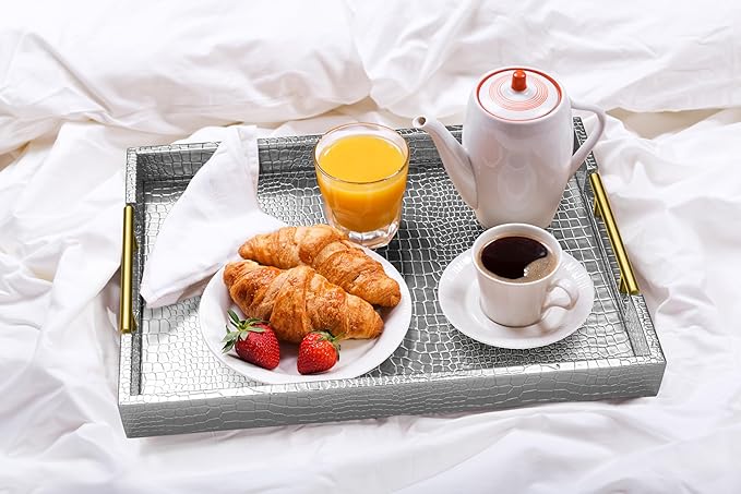 17" x 12" Wood Serving Tray with Gold Polished Metal Handles, Home Decorative Wooden Rectangle Ottoman Leather Decor Platter Bathroom Vanity Tray for All Occasions Alligator Silvery