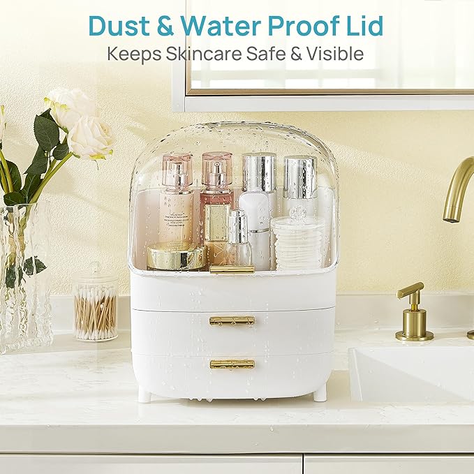 Vtopmart 3-Tier Skincare Makeup Organizer with Drawers and Lid for Vanity and Bathroom Countertop, Large Cosmetic Storage Box Case for Dresser, with Non-Slip Base