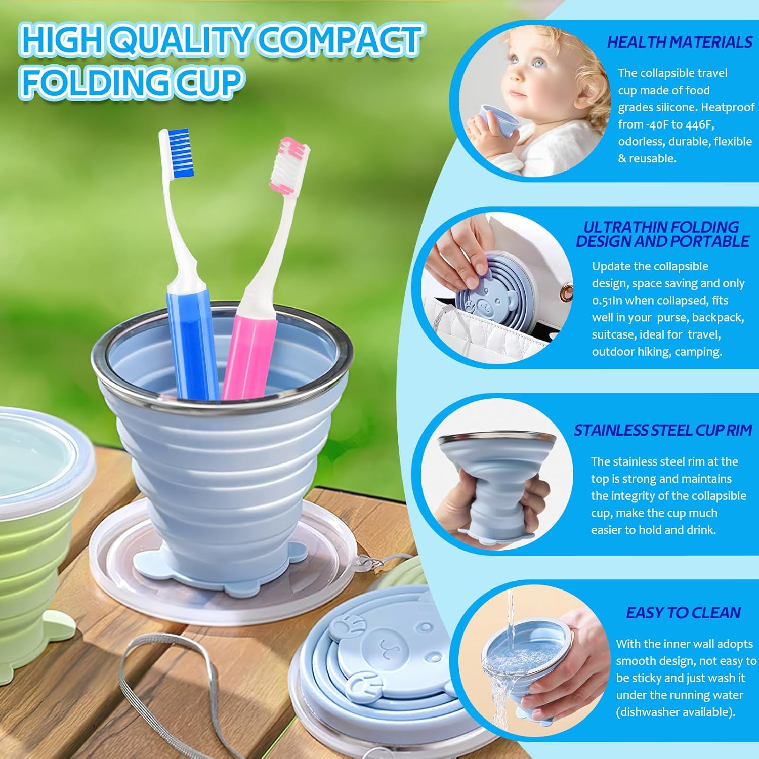 Toothbrush Travel Case, Travel Toothbrush Silicone Collapsible Toothbrush Cup, Travel Toothbrush Set Suitable for Business Camping Travel or Daily Use (Blue)