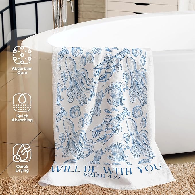 Blue Christian Coastal Beach Towel, Ocean Sea Animal Pool Towels, Coastal Christian Bible Large Beach Bath Travel Towels, I Will Be with You Blue Ocean Themed Bathroom Accessories Decor,30x60in