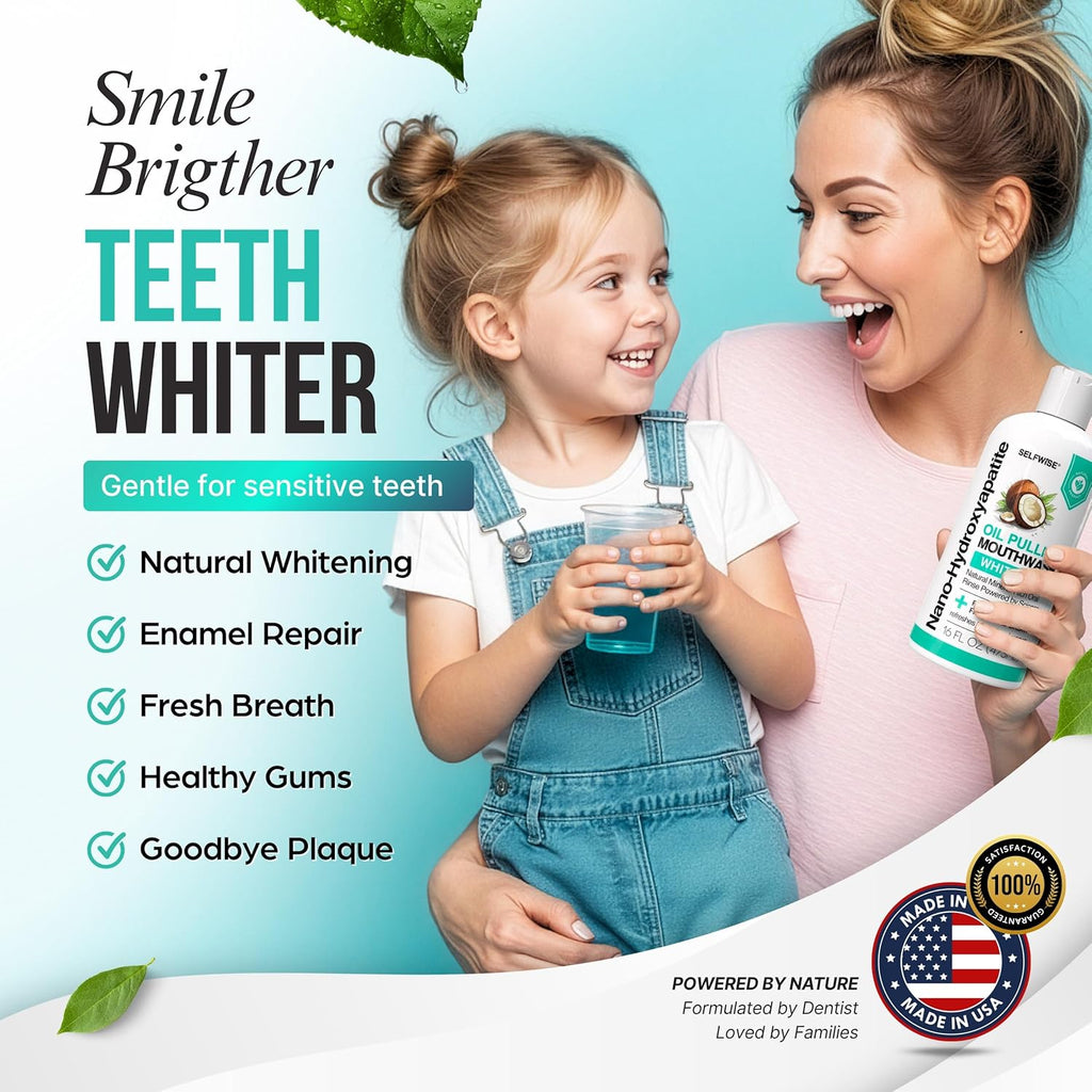 Nano-Hydroxyapatite Oil Pulling Whitening Mouthwash for Teeth and Gums, Natural & Organic, Whitens Teeth, Strengthens Enamel, Fights Bad Breath & Plaque – Smooth & Non-Greasy – for Adults - 16oz