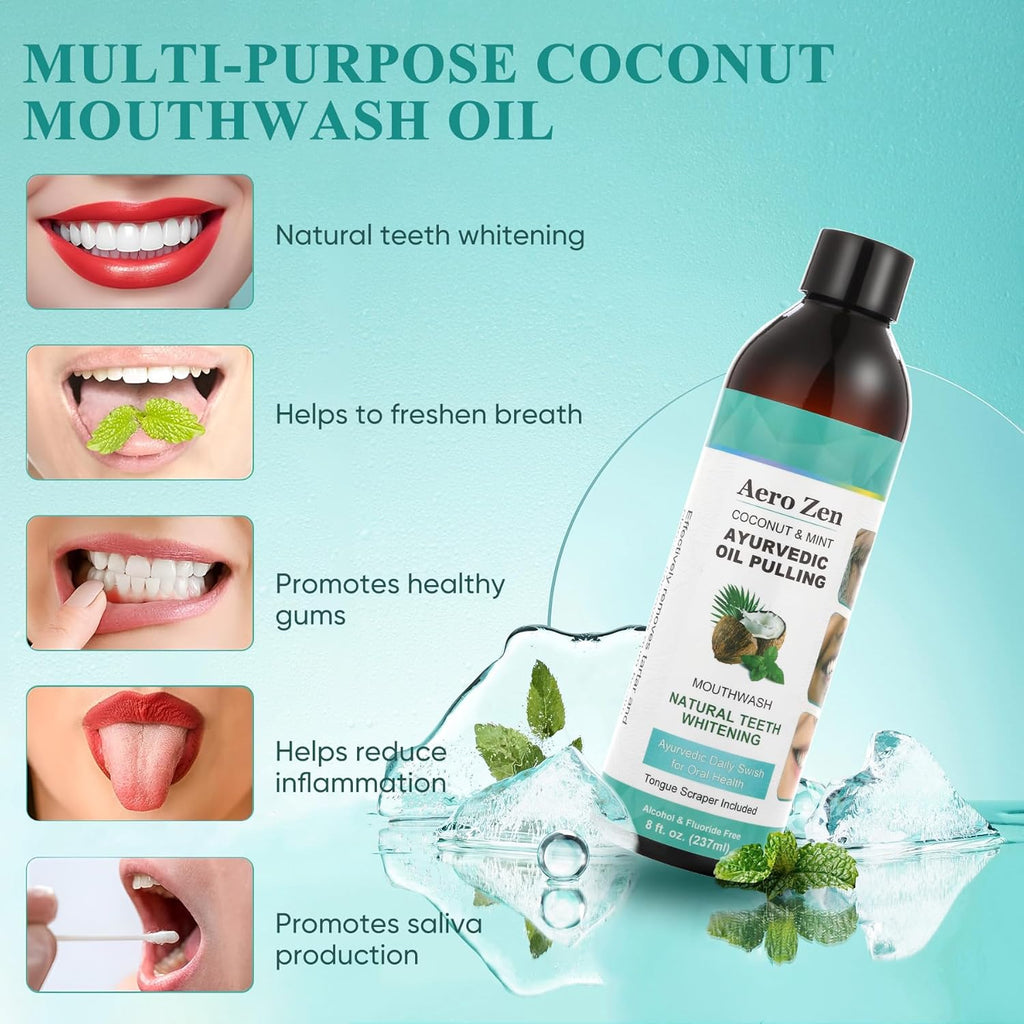 Coconut Oil Pulling Mouthwash with Peppermint - Alcohol-Free Oral Care - Fresh Breath Solution - Organic Essential Oils Formula with Tongue Scraper - Gum Health Treatment - 237ML