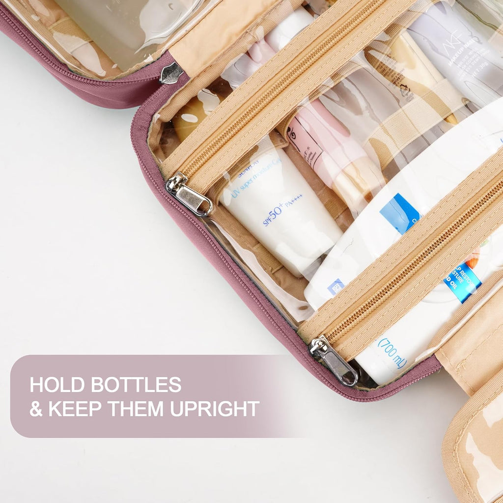 Travel Hanging Toiletry Bag for Women and Men, with 8 Leak Proofing Silicone Bottle Covers, Waterproof Makeup Accessories, Cosmetic Essentials, Toiletries Dopp Kit Set with Jewelry Organizer, Purple