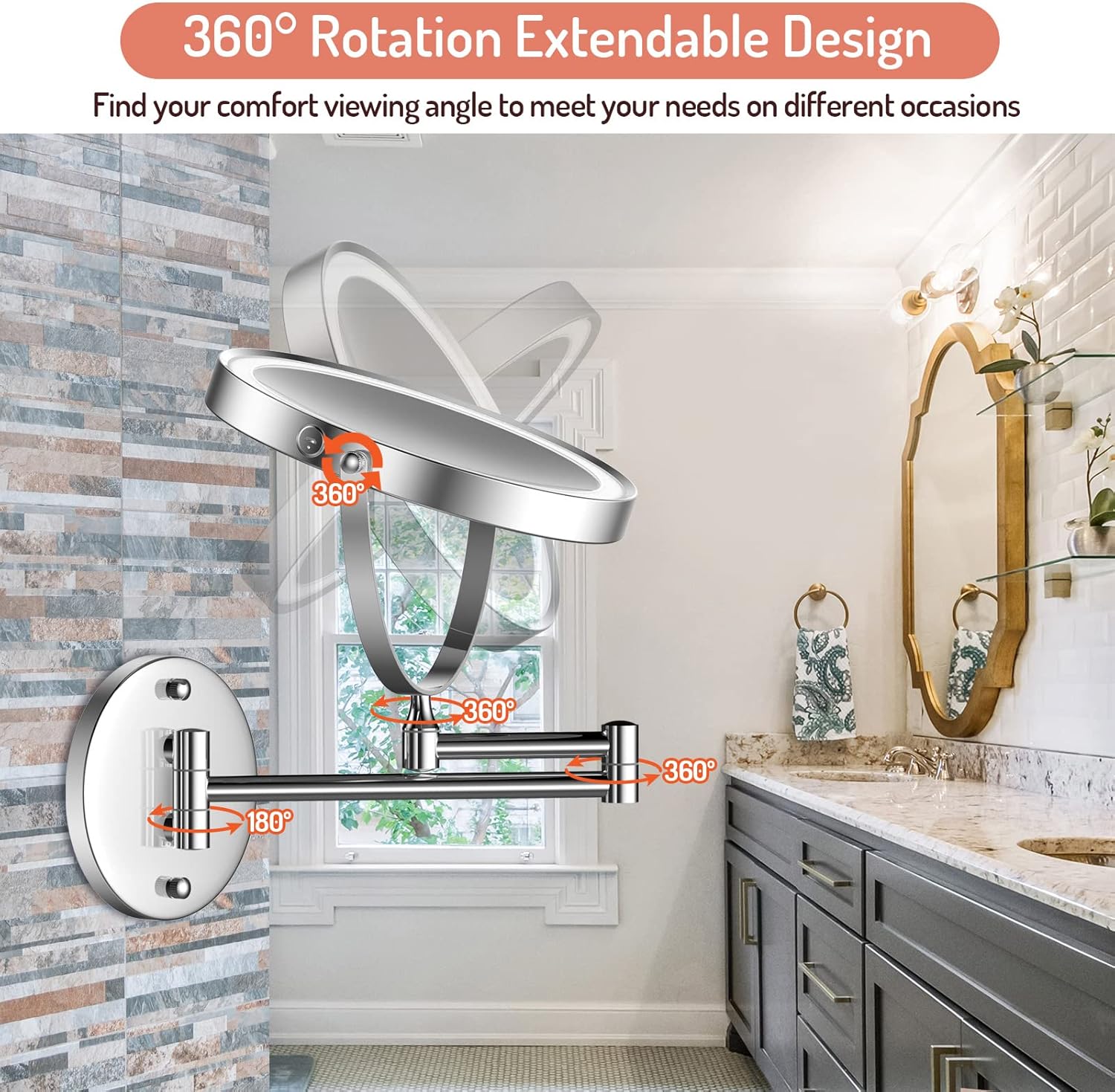 Rocollos Rechargeable Wall Mounted Lighted Makeup Mirror Chrome, 8 Inch Double-Sided LED Vanity Mirror 1X/10X Magnification,3 Color Lights Touch Screen Dimmable 360°Swivel 13 Inch Extendable