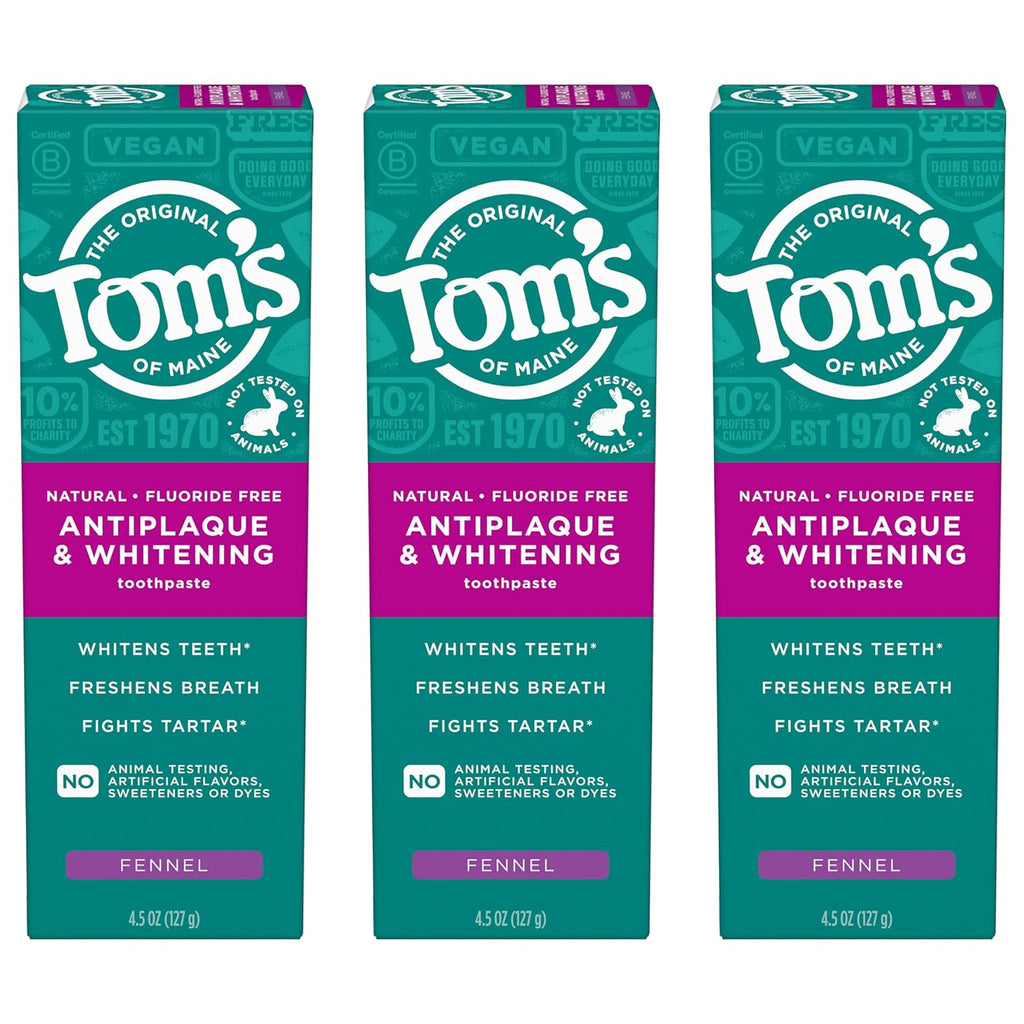 Tom’s of Maine Antiplaque and Whitening Toothpaste, Fluoride Free, Fennel, 3 Pack, 4.5 Oz