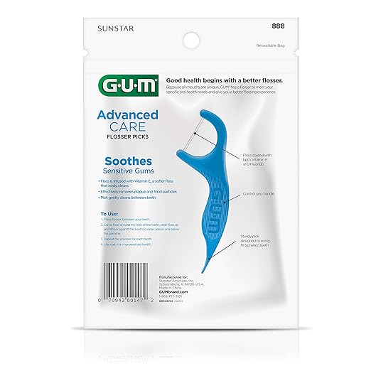 GUM Advanced Care Floss Picks - Dental Flossers for Adults with Vitamin E and Fluoride - Extra Strong Shred-Resistant Dental Floss, Easy Grip Handle, Fresh Mint Flavor, 90 Count (Pack of 6)