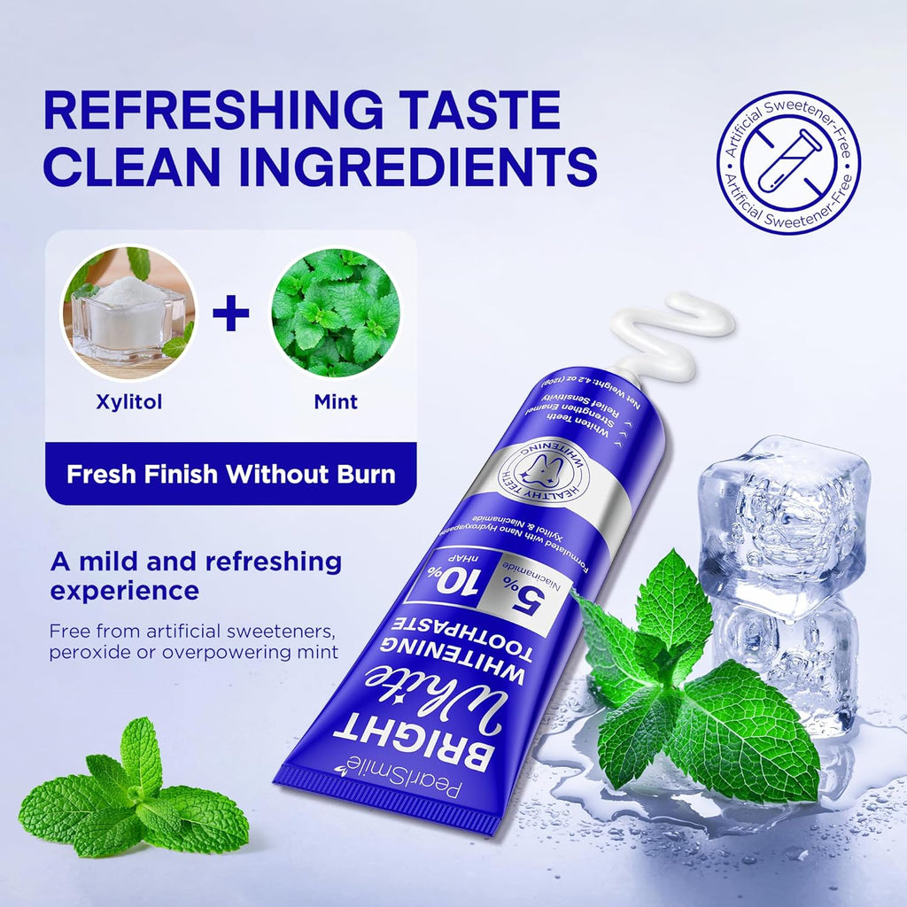 PearlSmile Niacinamide Hydroxyapatite Whitening Toothpaste – 10% Nano Hydroxyapatite + 5% Niacinamide – Strengthens Enamel, Remineralizes, Brightens Teeth – Fluoride-Free, Travel Size, 4.2oz