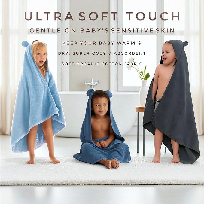 Organic Cotton Toddler Poncho Towel 33"x33" – Ultra-Soft Hooded Bath & Beach Towel with Bear Ears – Absorbent Kids Towel for Boys & Girls 0-5T, Premium for Pool, Bath & Travel (Blue)