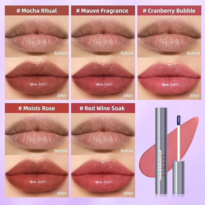 KIMUSE 5 Colors Lip Stain Masque - Long-Lasting Waterproof Lip Tint, Smudge-Proof Matte Lip Stains for All-Day Wear, Transfer-Resistant Lip Makeup