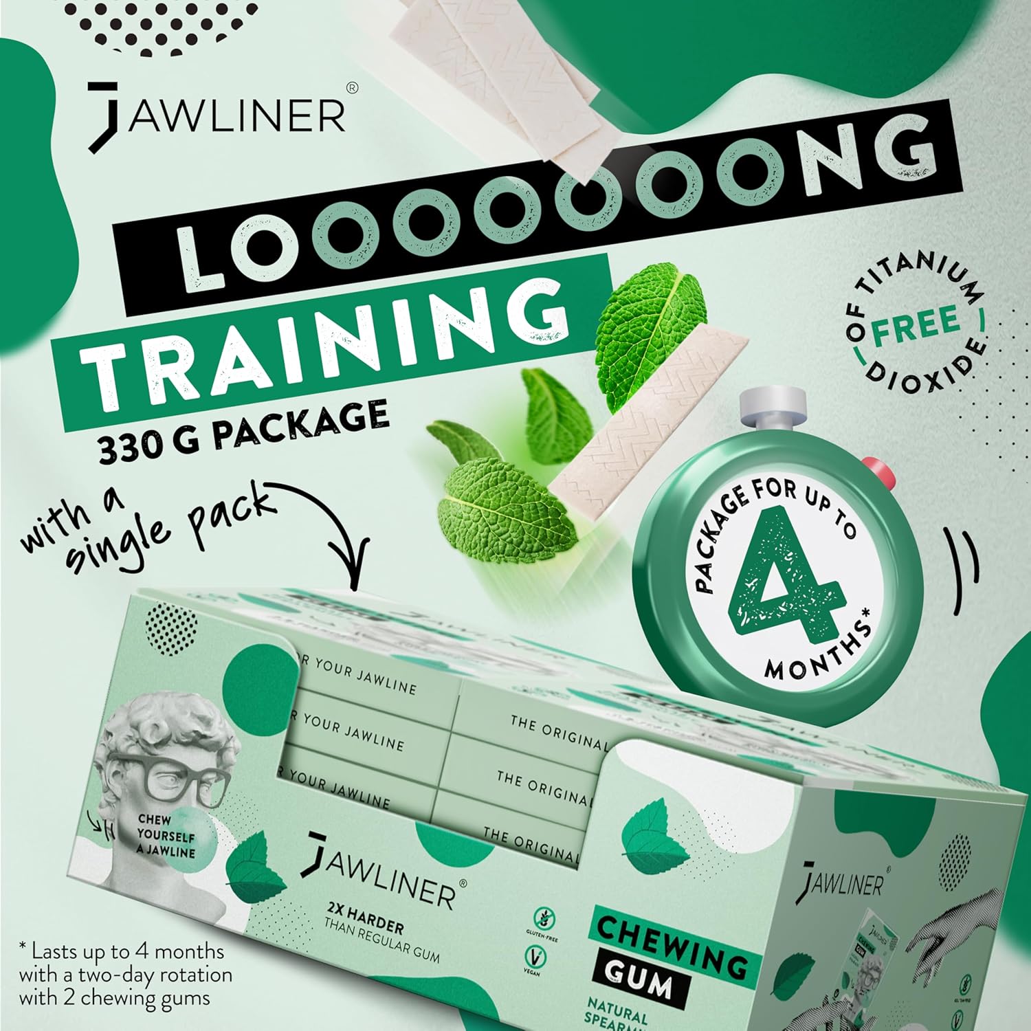 Jawliner® Hard Jwaline Chewing Gum - Sugar Free Spearmint Tough Jaw Gum - Jaw Exerciser Strong Mewing Jawline Mistic Gum - 2x Harder than Regular Chewing Gum 330 Grams (120 Strips)