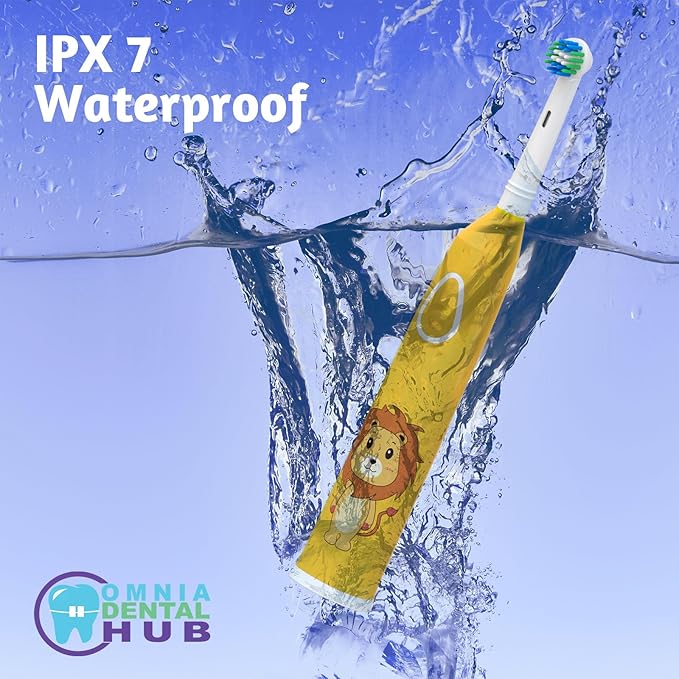 1 PC Rotating Kids Electric Toothbrush with 2 Brush Heads IPX7 by Omnia ONE | 3 Modes, Rechargeable 30 Days Battery Life, IPX7 Waterproof, USB Charger & Block Included, Fun & Effective Oral Care