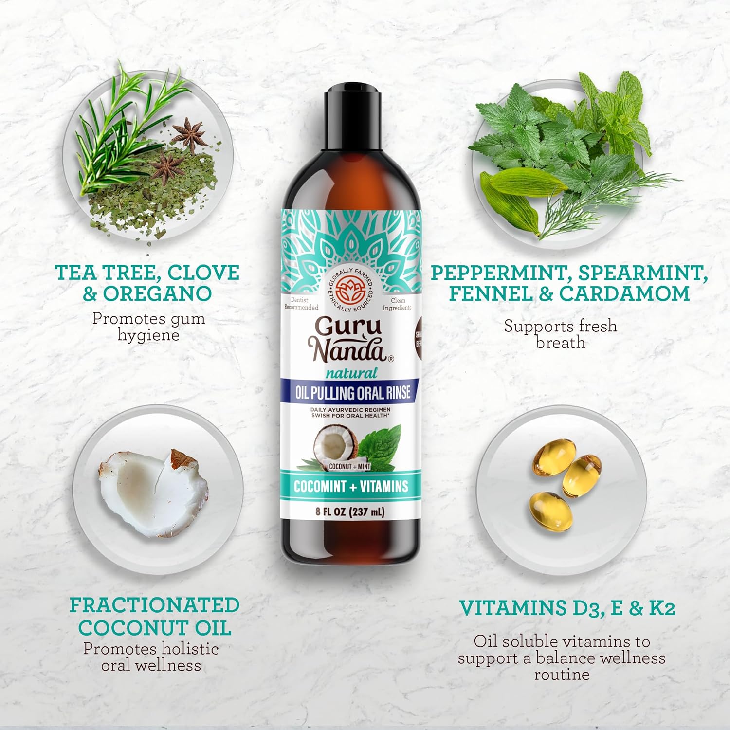 GuruNanda CocoMint Oil Pulling Mouthwash for Complete Oral Hygiene, 7 Essential Oils & Vitamins for Happy Teeth & Gums & Fresh Breath, with 2 Toothbrushes & 2 Tongue Scrapers, Alcohol-Free, 3X8 oz