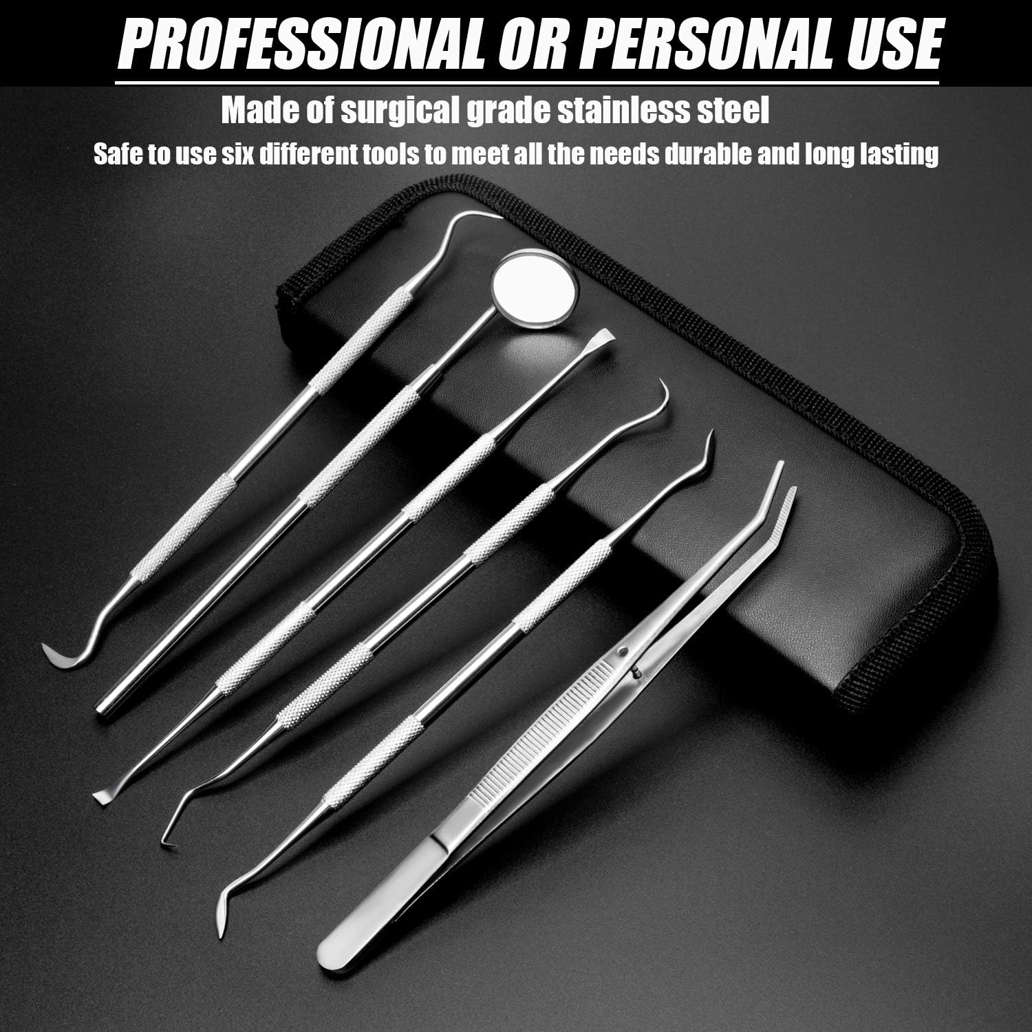 Dental Hygiene Tool Set Stainless Steel Dental Pick and Tweezers, Gum Floss, Tooth Scraper Plaque Tartar Remover for Personal Oral Care & Pet Use (6 Pack)