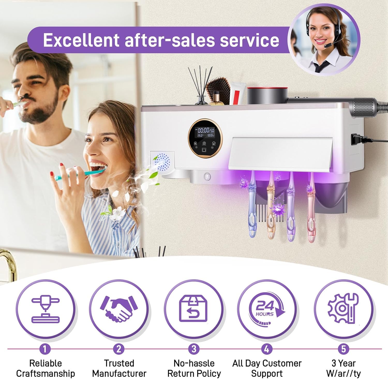 Werhoo Toothbrush Holders for Bathrooms 4 Slots. Hair Dryer Holder, UV Toothbrush Holders with Timer Function, with Hand Dryer Function,Supports Nighttime sen/SOR Lighting,Suitable for Home Bathroom