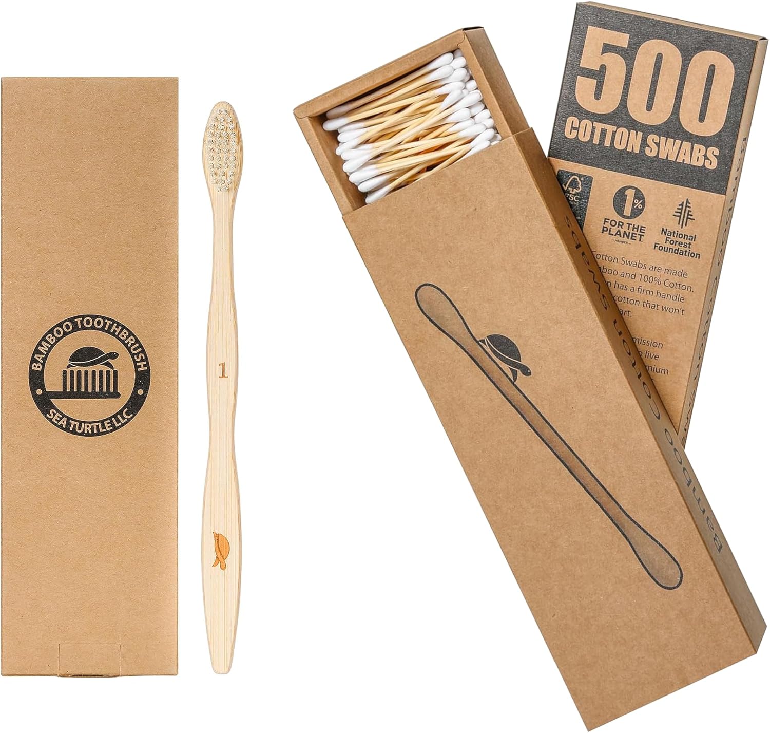 Sea Turtle Bundle Toothbrush and Swabs, Plant-Based Bristles Bamboo Toothbrushes (4 Pack) and Bamboo Cotton Swabs (500 Count)