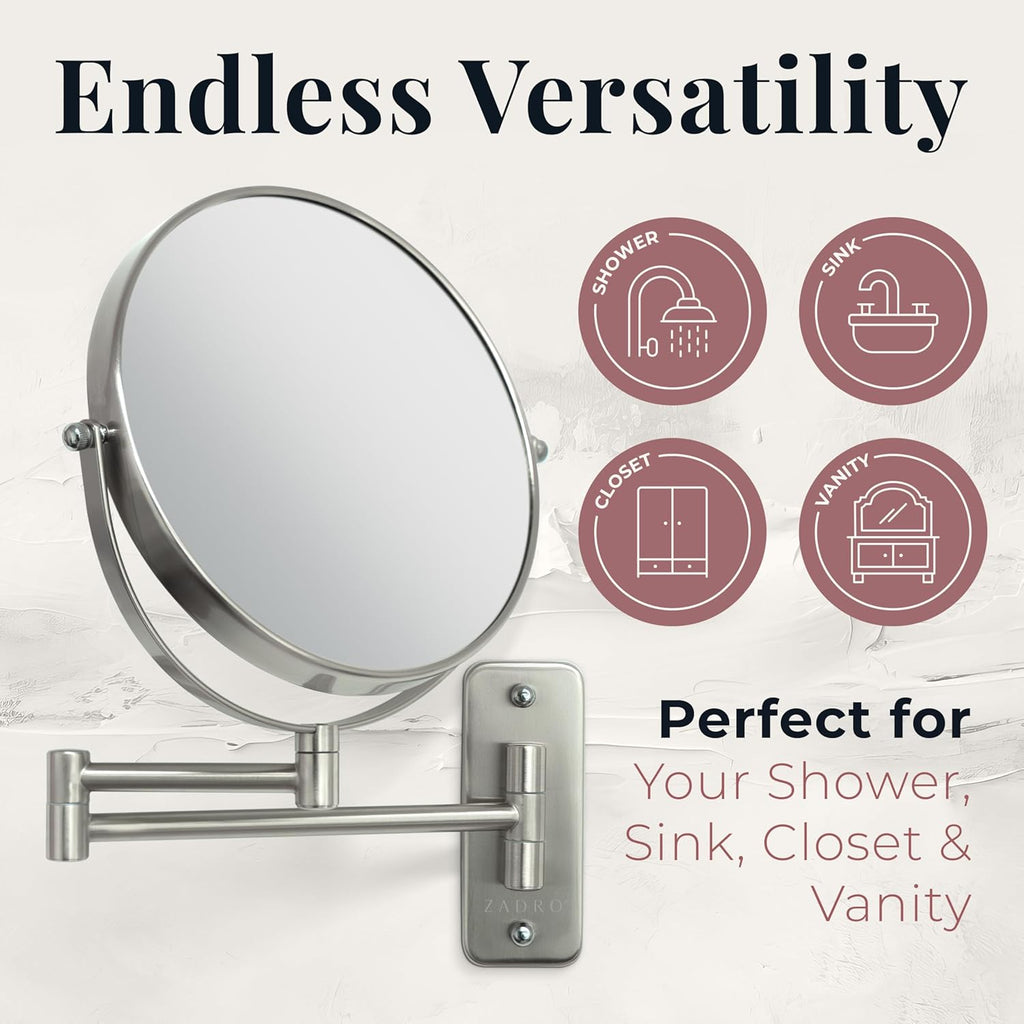 Zadro 7" Wall Mounted Wardrobe, Vanity Makeup Mirror with Magnification & Extending Arm (Large | 12.25" x 12" | 8X/1X, Oil-Rubbed Bronze)