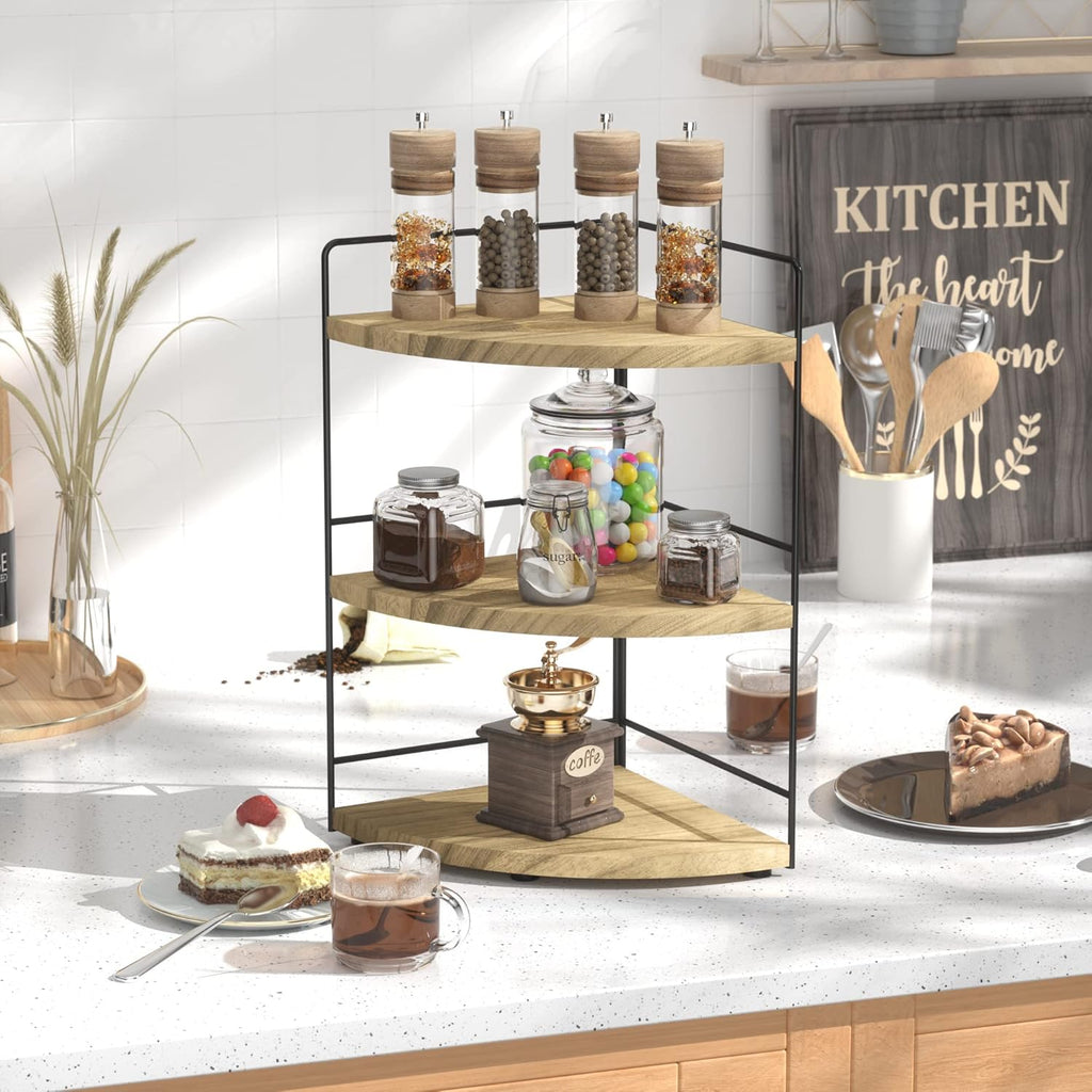 ZGO 3-Tier Bathroom Organizer - Countertop & Corner Organizer, Makeup & Skincare Storage, Kitchen Counter Shelf - Wood