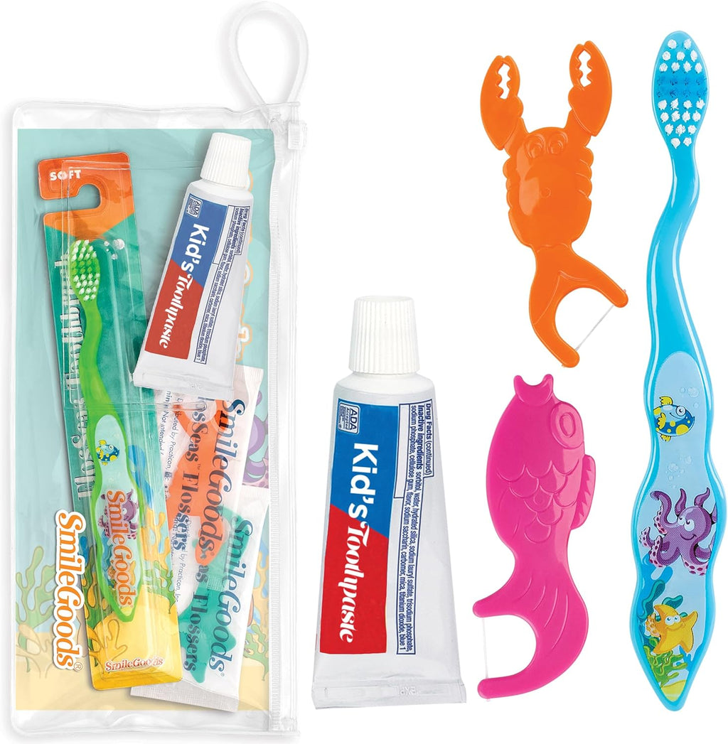 Practicon FlosSeas Child Dental Care Kit, Travel Size Bundle w/Assorted Color Toothbrush, Kids Toothpaste and Flossers, TSA Friendly Kids Oral Care Kit