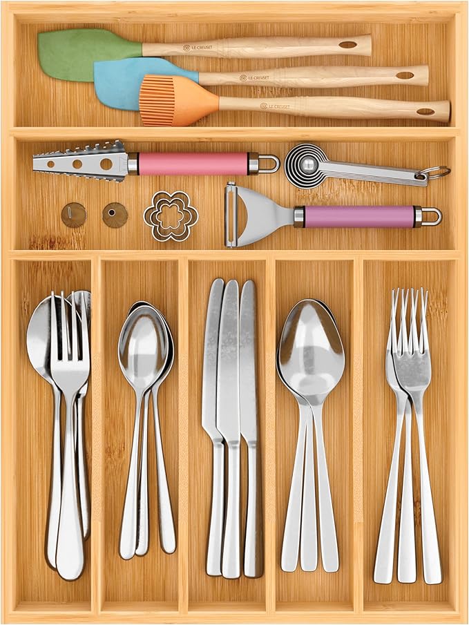 BAMEOS Bamboo Silverware Drawer Organizers, 11.9 inch Utensil Drawer Organizer for Kitchen Drawers, 7 Slots Total Large Flatware Organizer for Knives Cutlery Spoons Forks (Natural)