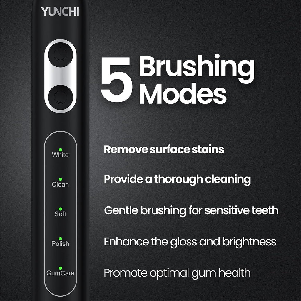 YUNCHI Electric Toothbrush for Adults and Kids, Rechargeable Sonic Electric Tooth Brush with 8 Brush Heads, 90 Days, 5 Models & 2 Minutes Smart Timer, Travel Case, 44000 VPM Motor, Black