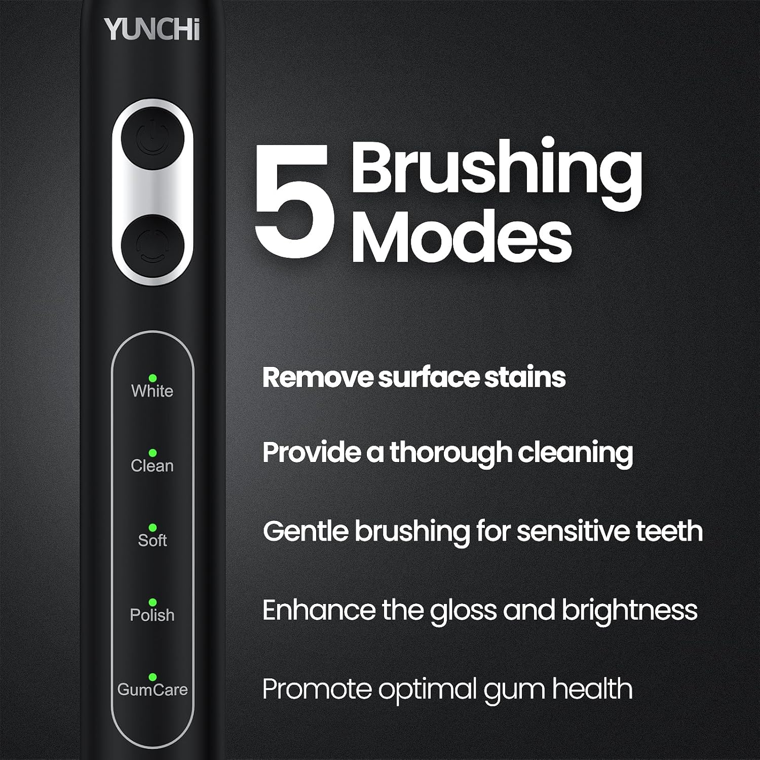 YUNCHI Electric Toothbrush for Adults and Kids, Rechargeable Sonic Electric Tooth Brush with 8 Brush Heads, 90 Days, 5 Models & 2 Minutes Smart Timer, Travel Case, 44000 VPM Motor, Black