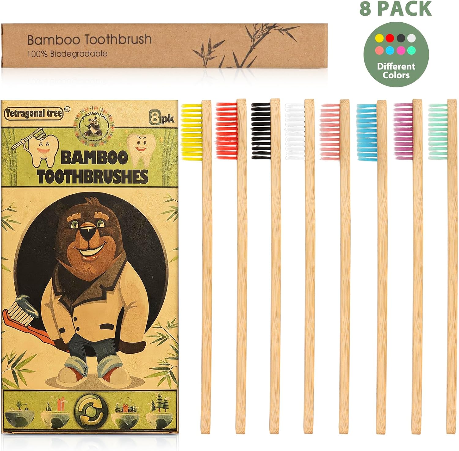 8 Count Bamboo Toothbrushes - BPA Free Soft Bristles Natural Toothbrush Set - Biodegradable & Compostable Eco-Friendly Wooden Toothbrush