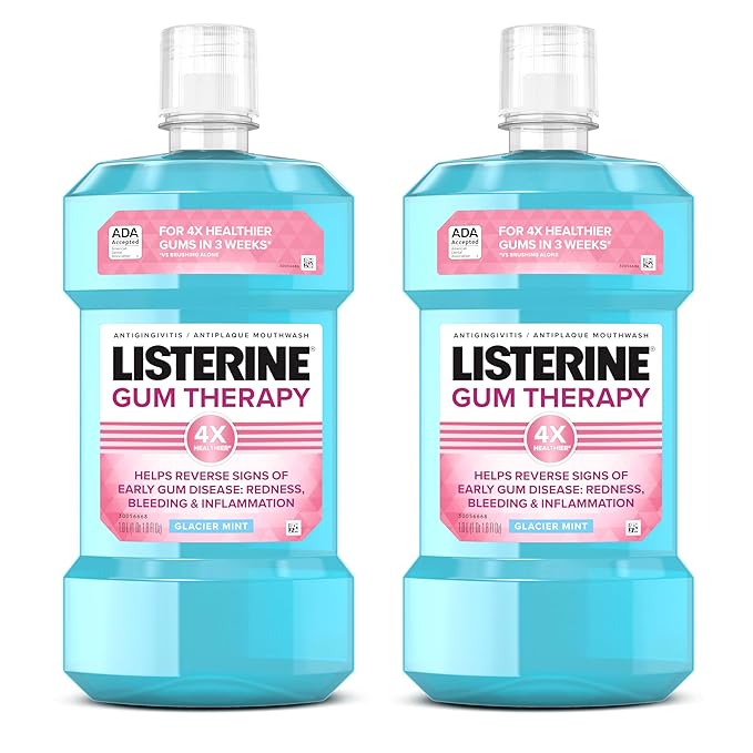 Listerine Gum Therapy Antiplaque & Anti-Gingivitis Mouthwash, Oral Rinse to Help Reverse Signs of Gingivitis Like Bleeding Gums, ADA Accepted, Glacier Mint, Twin Pack, 2 x 1 L