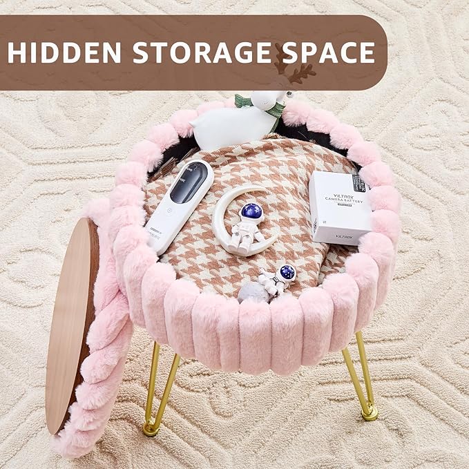 Wimarsbon Vanity Stool with Storage, Faux Fur Ottoman Chair with Metal Legs, Round Makeup Vanity Chair for Bedroom or Dressing Table, Modern Small Ottoman Seat (Pink)