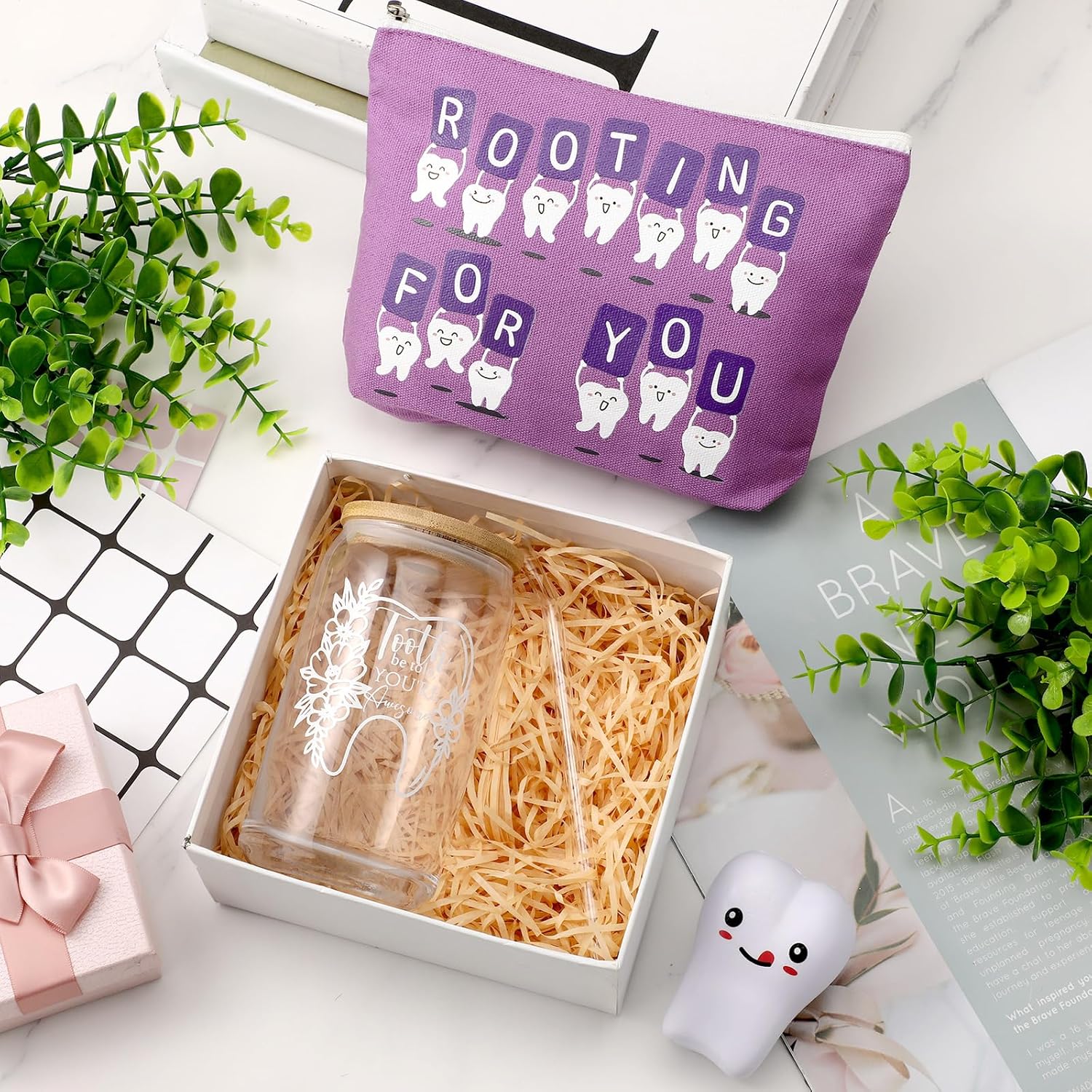 Sliner 3 Pcs Dental Hygiene Gifts Assistant Hygienist Gifts 16 oz Glass Cups Makeup Bag Teeth Stress Toy for Women Coworkers Nurse Dentist Retirement Graduation Christmas Birthday Gift(Purple)