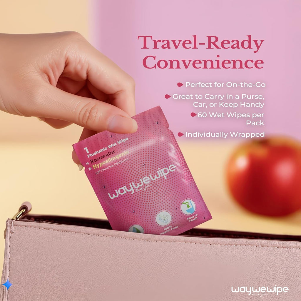 On-The-Go Flushable Feminine Wet Wipes, 60 Count XL Individually Wrapped Female Wipes, Hypoallergenic 100% Plant Based Septic Safe, Travel Size Adult Cleansing Cloth for Women, Rosewater