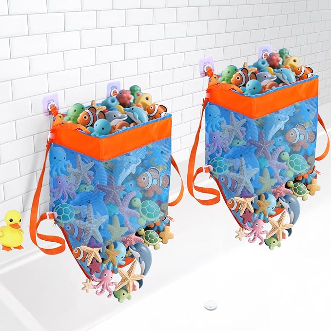 2PCS 3-in-1 Bath Toy Storage Bag,Large Capacity Mesh Bath Toy Net Holder for Bathtub Shower Bathroom Pool Outdoor,Kids Bath Decor Accessories Tub Toy Organizer Basket