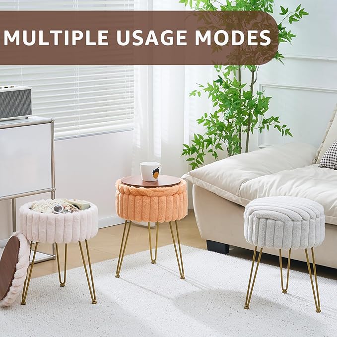 Wimarsbon Vanity Stool with Storage, Faux Fur Ottoman Chair with Metal Legs, Round Makeup Vanity Chair for Bedroom or Dressing Table, Modern Small Ottoman Seat (Champagne-1)