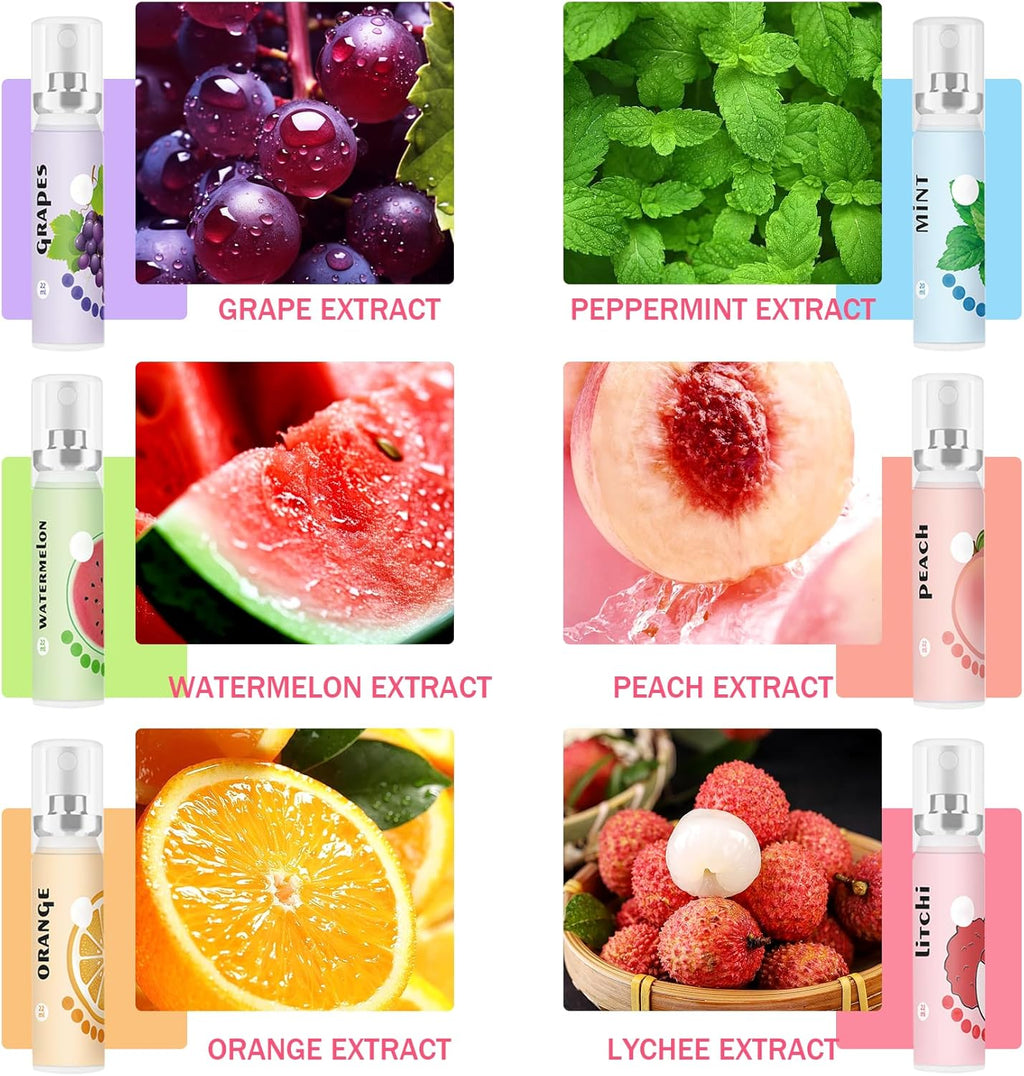 6PCS Fresh Breath Spray,Fruity Flavour Mouth Spray Freshener Spray Set,Peaches,Oranges,Watermelon,Grapes,Lychee,Mint Spray for Mouth,Oral Spray for Adults