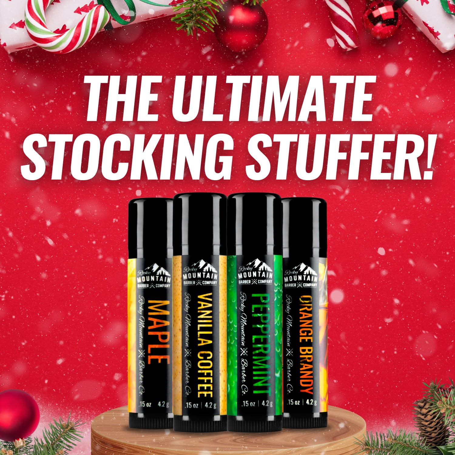 Lip Balm Set - 4 Scents - Maple, Vanilla Coffee, Peppermint, & Orange Brandy - No Shine Matte Finish - Featuring Coconut Oil, Avocado Oil, Bees Wax, & Shea Butter by Rocky Mountain Barber Company