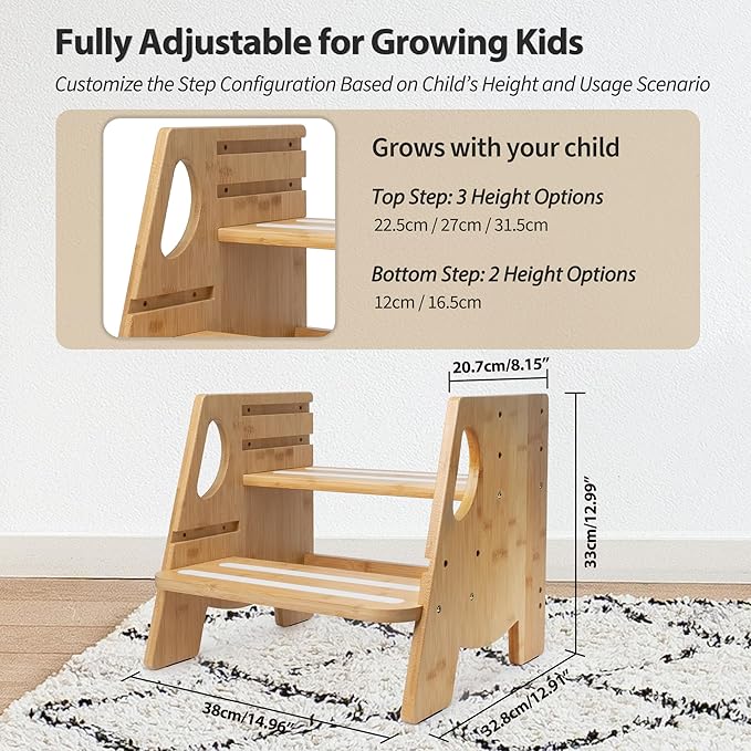 Wooden Toddler Step Stool for Bathroom Sink, Height-Adjustable, Luminous Anti-Slip Strips, Bamboo 2-Step Stool for Kids Adults, 300lbs, for Toilet Potty Training, Kitchen Counter, Bed
